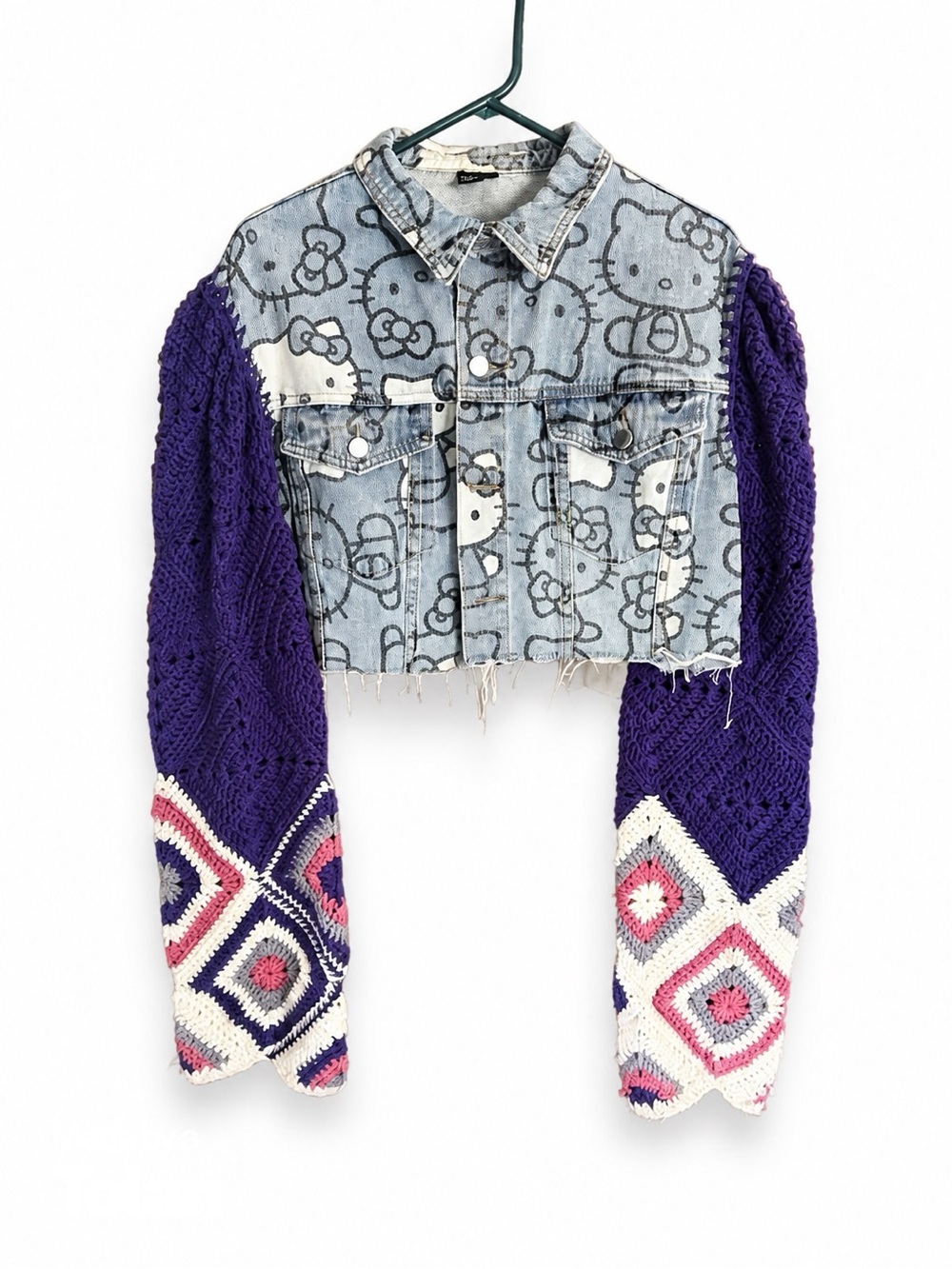HANDMADE UPCYCLE  Denim Hello Kitty Jacket with Purple Crochet Sleeve